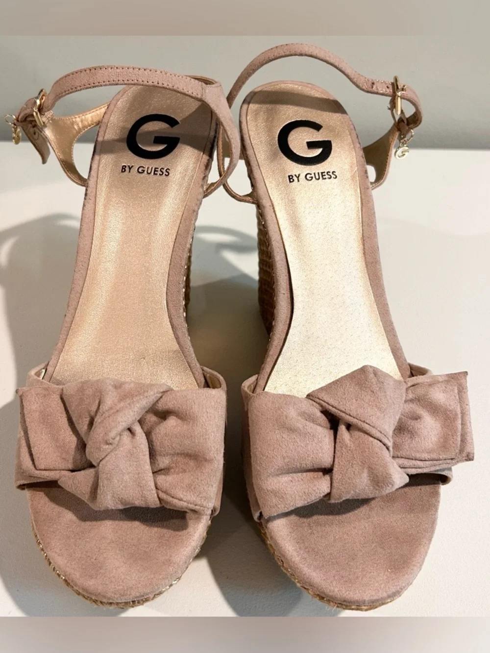 G by Guess Taupe Suede Bow Espadrille Platform Wedge Sandals 8.5